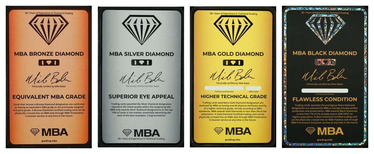 MBA's four Diamond tier placards side by side: Bronze "Equivalent MBA Grade", Silver "Superior Eye Appeal", Gold "Higher Technical Grade" and Black "Flawless Condition"