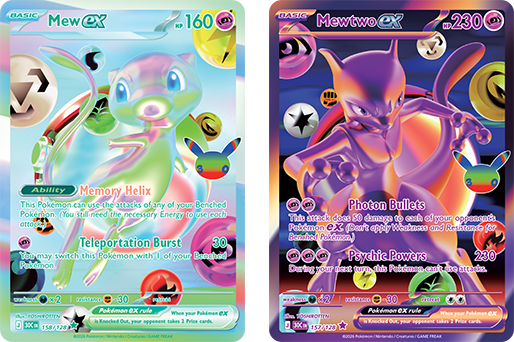Futuristic Rare Mewtwo ex and Mew ex from Pokémon 30th Celebration, illustrated by YOSHIROTTEN: the set's debut rarity, shown in its never-before-used opalescent foil