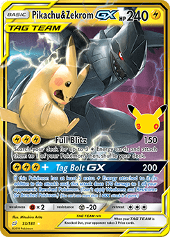 The 2019 Pikachu & Zekrom-GX Tag Team card, reprinted in 30th Celebration. The reprint announcement sent original copies from about $40 to about $140 within 24 hours