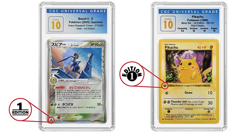 Close-up of the "1 EDITION" mark — a numeral 1 over the word EDITION between two lines — circled on a Japanese card (left) and an English card (right), showing the small stamp that identifies a first print