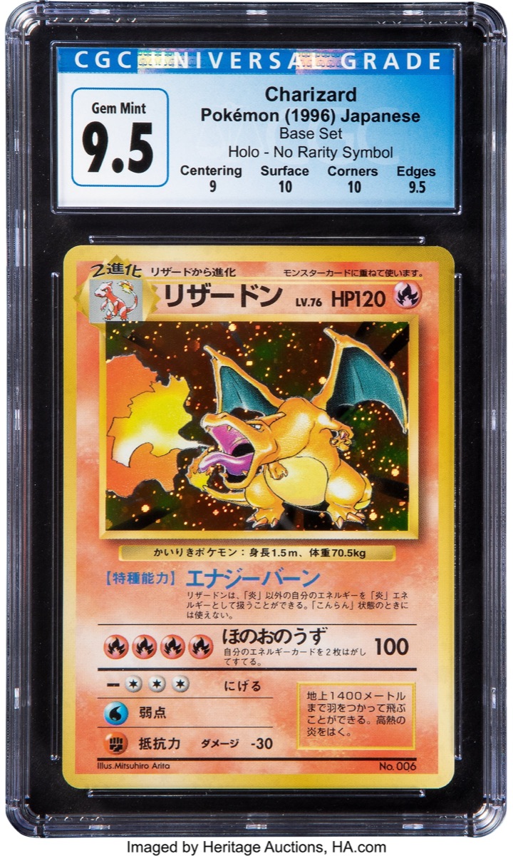 A 1996 Japanese Base Set No Rarity Charizard, illustrated by Mitsuhiro Arita, in a CGC Gem Mint 9.5 slab — the bottom-right corner is blank where a rarity symbol would normally sit, marking it as the first print