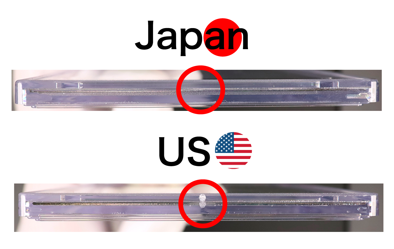 PSA USA slab bottom showing circular mold mark vs PSA Japan slab smooth flat bottom — side by side