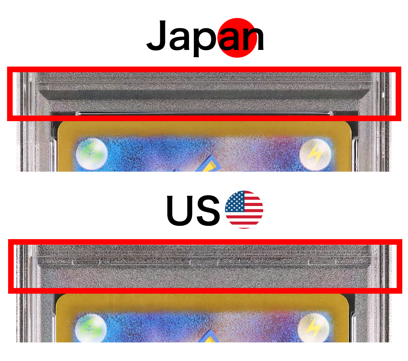 PSA Japan slab inner frame bevel vs PSA USA slab flat inner border — front and back comparison