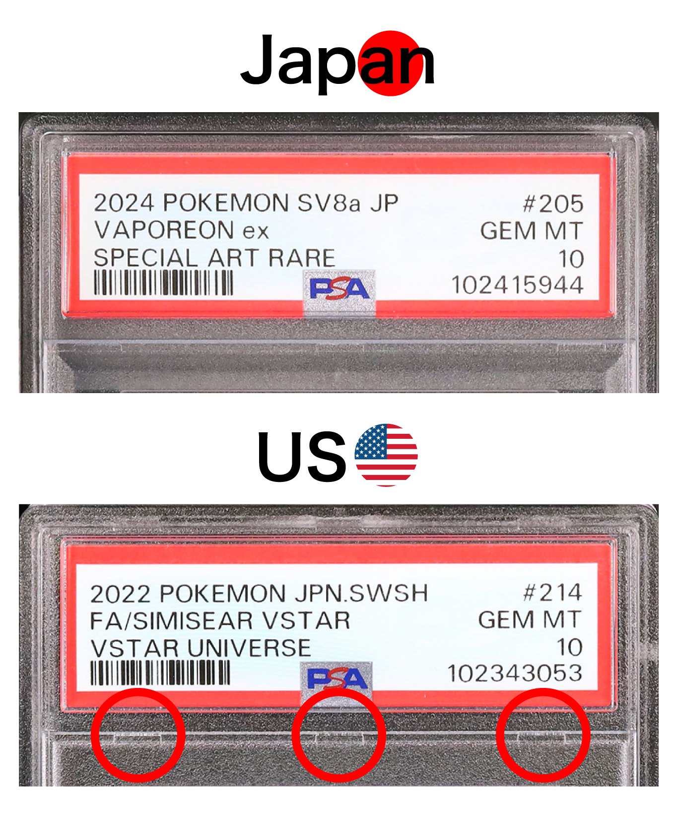 PSA USA slab prominent inner mold marks vs PSA Japan slab subtle mold marks — back view comparison