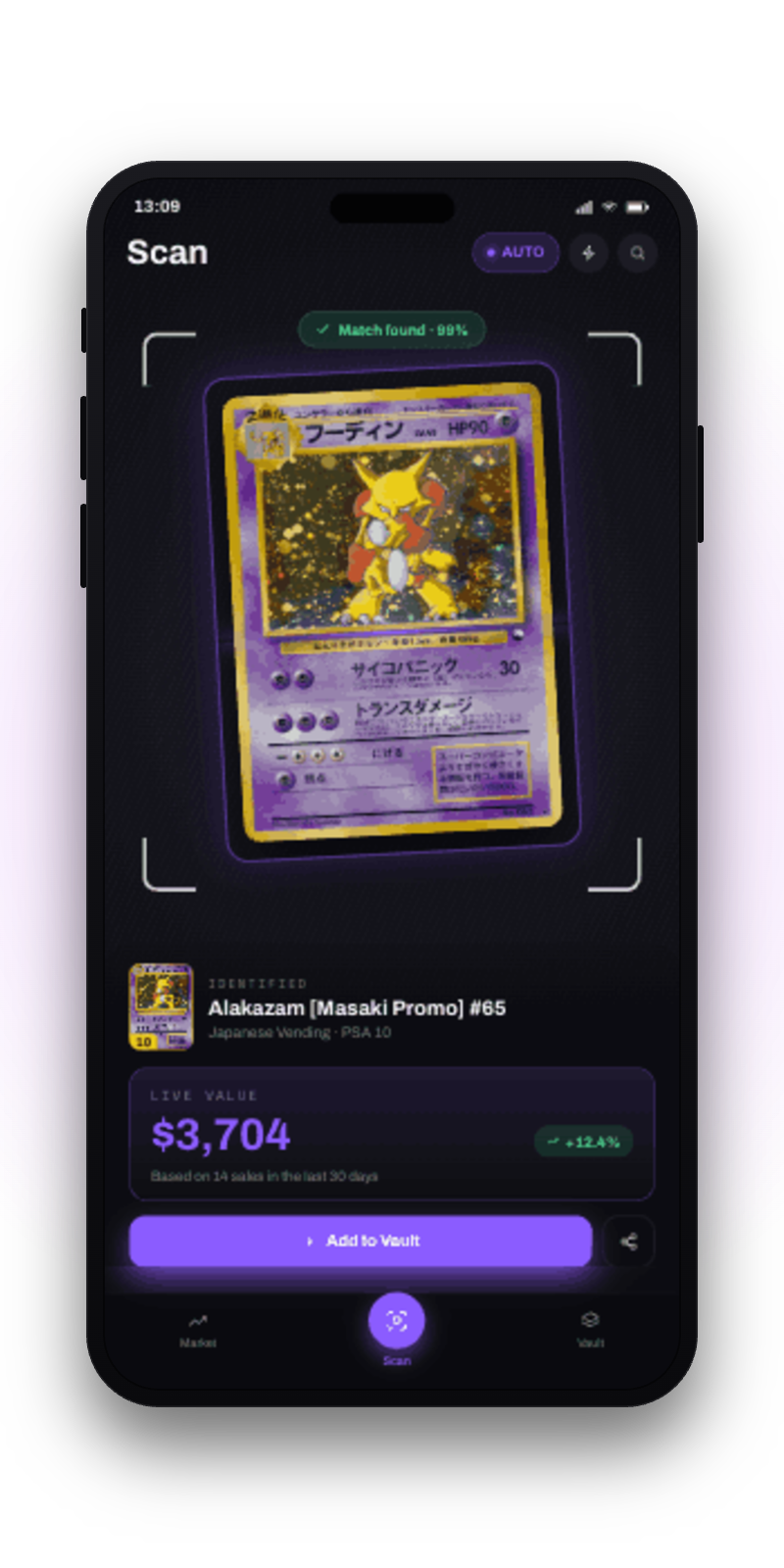 BankTCG scan screen instantly identifying a card and its market value