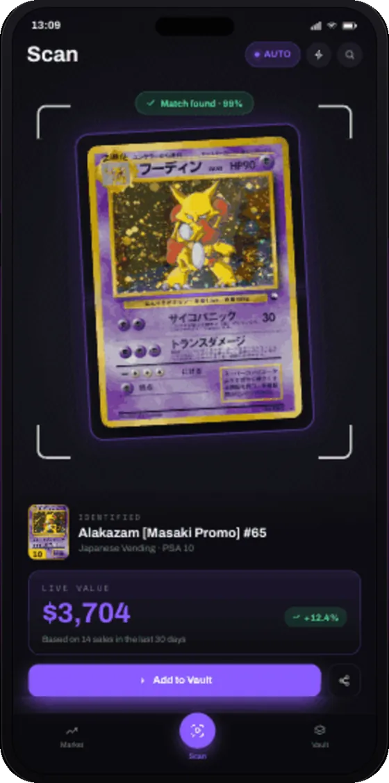 BankTCG scan screen identifying a card and showing its live market value