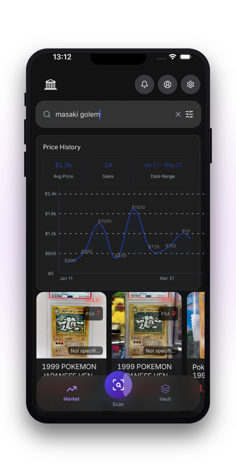 BankTCG price history screen showing real sold comps for a card