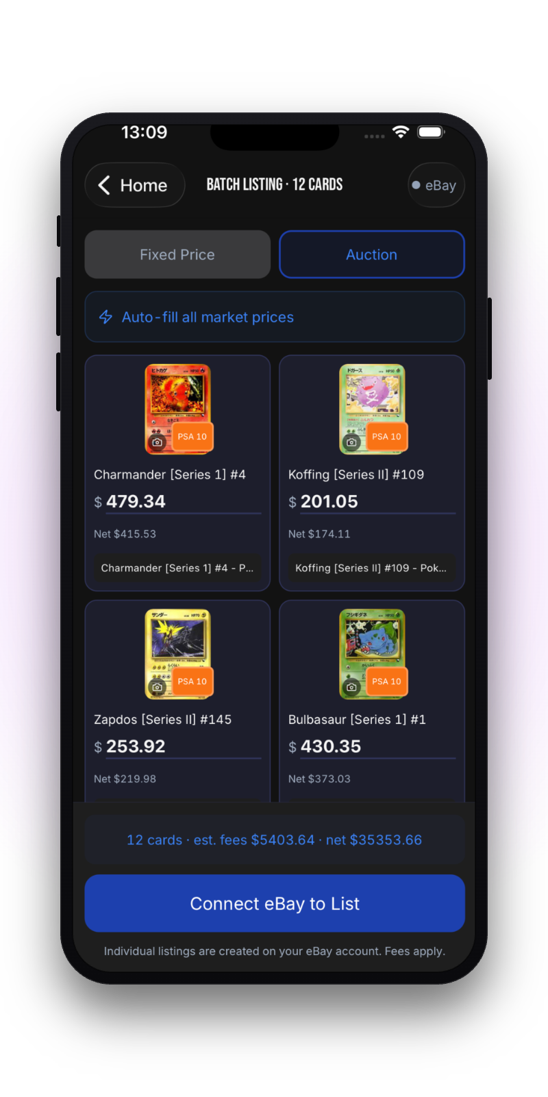 BankTCG batch listing screen posting cards to eBay at market prices