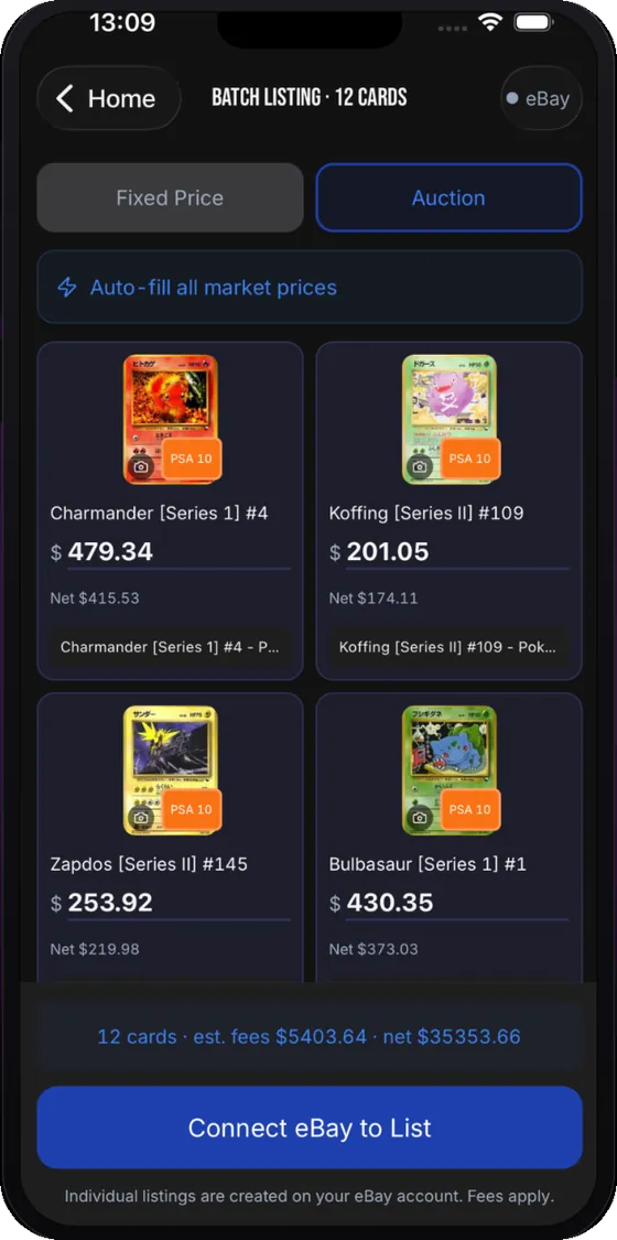 BankTCG batch listing screen posting cards to eBay at market prices
