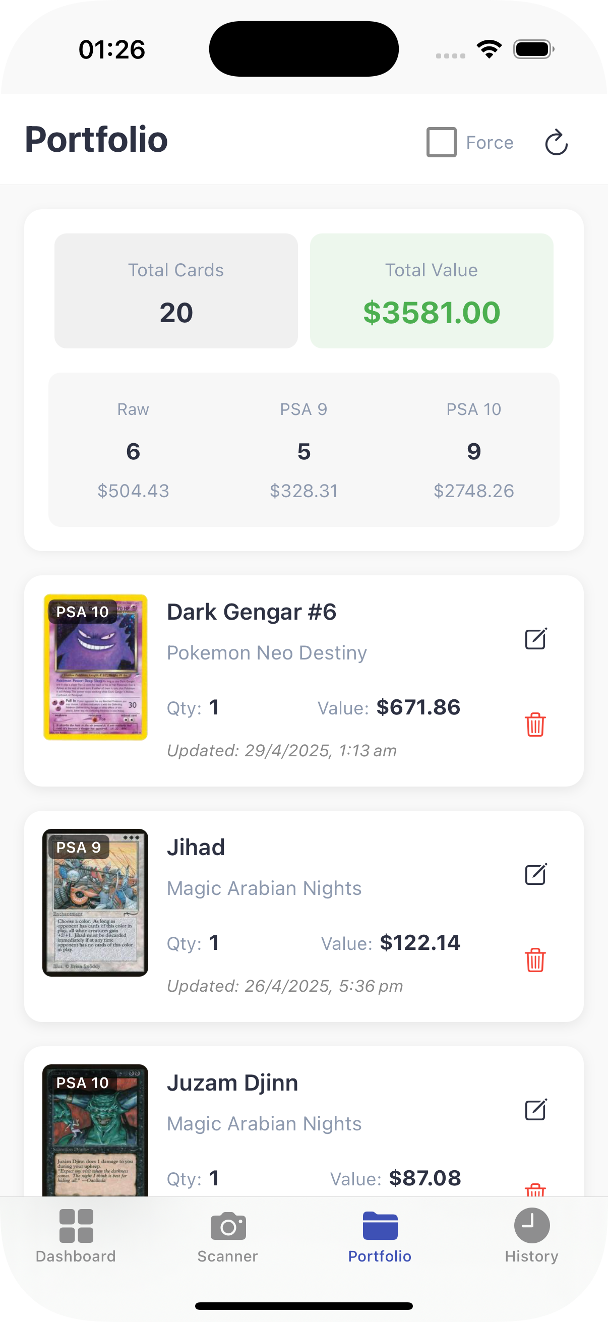 Screenshot of Bank TCG app's portfolio management screen showing card values and collection details