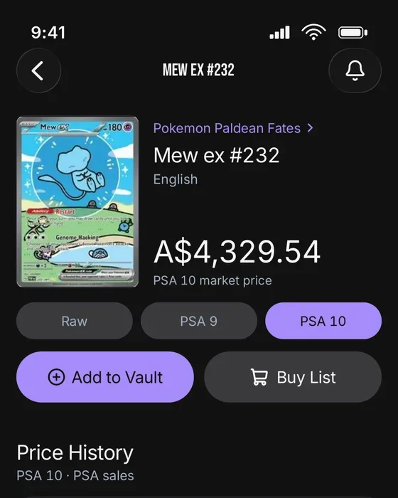 The BankTCG card page: Mew ex #232 at its PSA 10 market price, with Raw, PSA 9 and PSA 10 to switch between